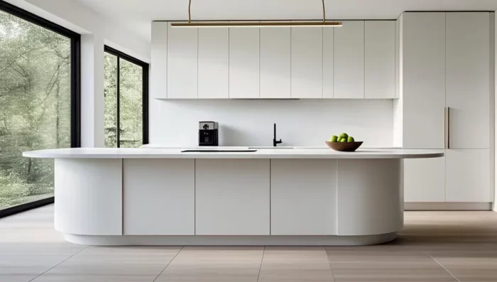 Modern minimalist white kitchen with smooth bullnose edge quartz countertops, featuring matte white cabinets, black fixtures, and natural wood accents in bright natural light.