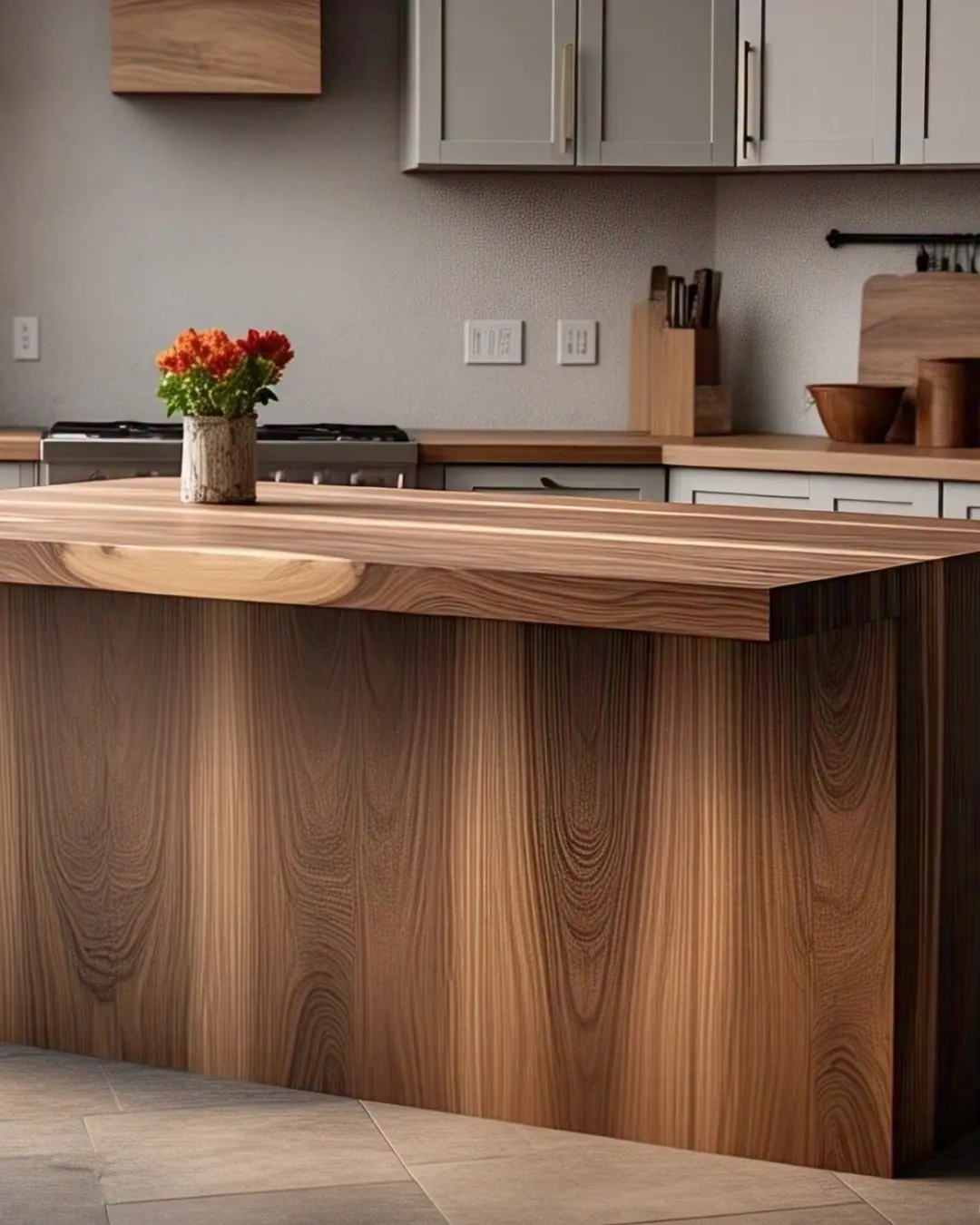 Waterfall Edge Countertop: What Is It and Why Is It So Cool? 7 Walnut butcher block waterfall edge with visible wood grain, styled with a breadboard.