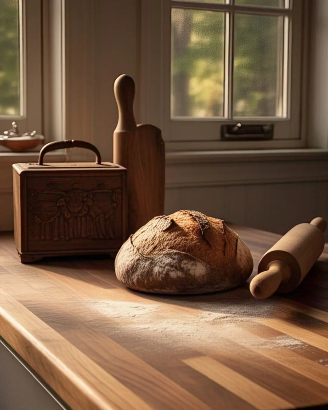 The Ultimate Guide to Countertop Materials: Find Your Perfect Match 13 A honey-toned walnut butcher block countertop, lightly scarred from years of use, topped with a fresh-baked loaf of bread, a rolling pin, and a vintage bread box. Morning light streams through the window, highlighting the wood’s natural texture.
