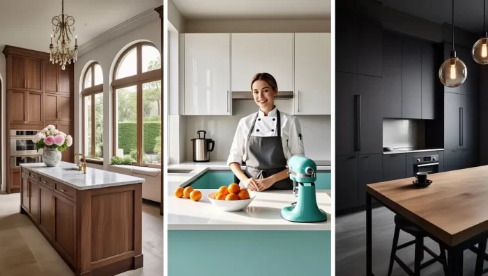 A collage of three stylish kitchens showcasing different cabinet door styles: a traditional wood-paneled kitchen with a chandelier, a modern white and teal kitchen with slab cabinet doors, and a sleek matte black kitchen with minimalist flat-panel cabinets.