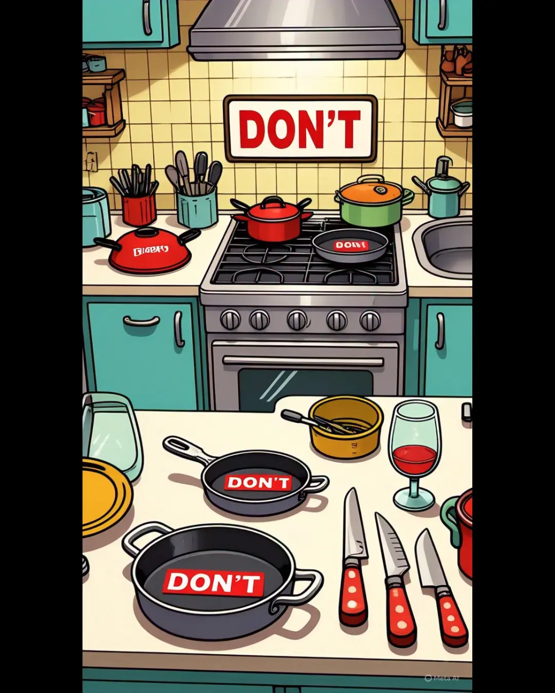 The Ultimate Guide to Countertop Materials: Find Your Perfect Match 18 A cartoon kitchen with ‘DON’T’ symbols over hot pans on marble, knives on laminate, and wine glasses near white counters.