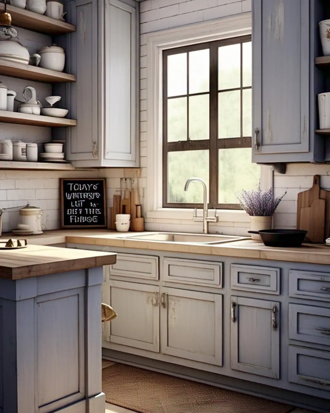 Types of Kitchen Cabinet Paint: Choosing the Best Finish for Your Style 6 A sunlit farmhouse kitchen with soft gray chalk-painted cabinets, lightly distressed to reveal hints of white underneath. Open shelves display mismatched china and a bundle of dried lavender, while a cast-iron skillet rests on a butcher-block island. A chalkboard menu reads 'Today’s Pie: Whatever’s Left in the Fridge'—because perfection is overrated.