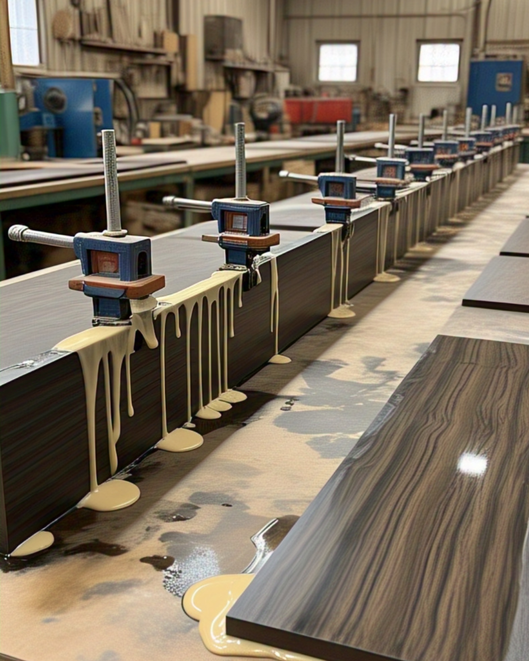 Row of countertop pieces clamped edge-up in a workshop, with epoxy drips visible.