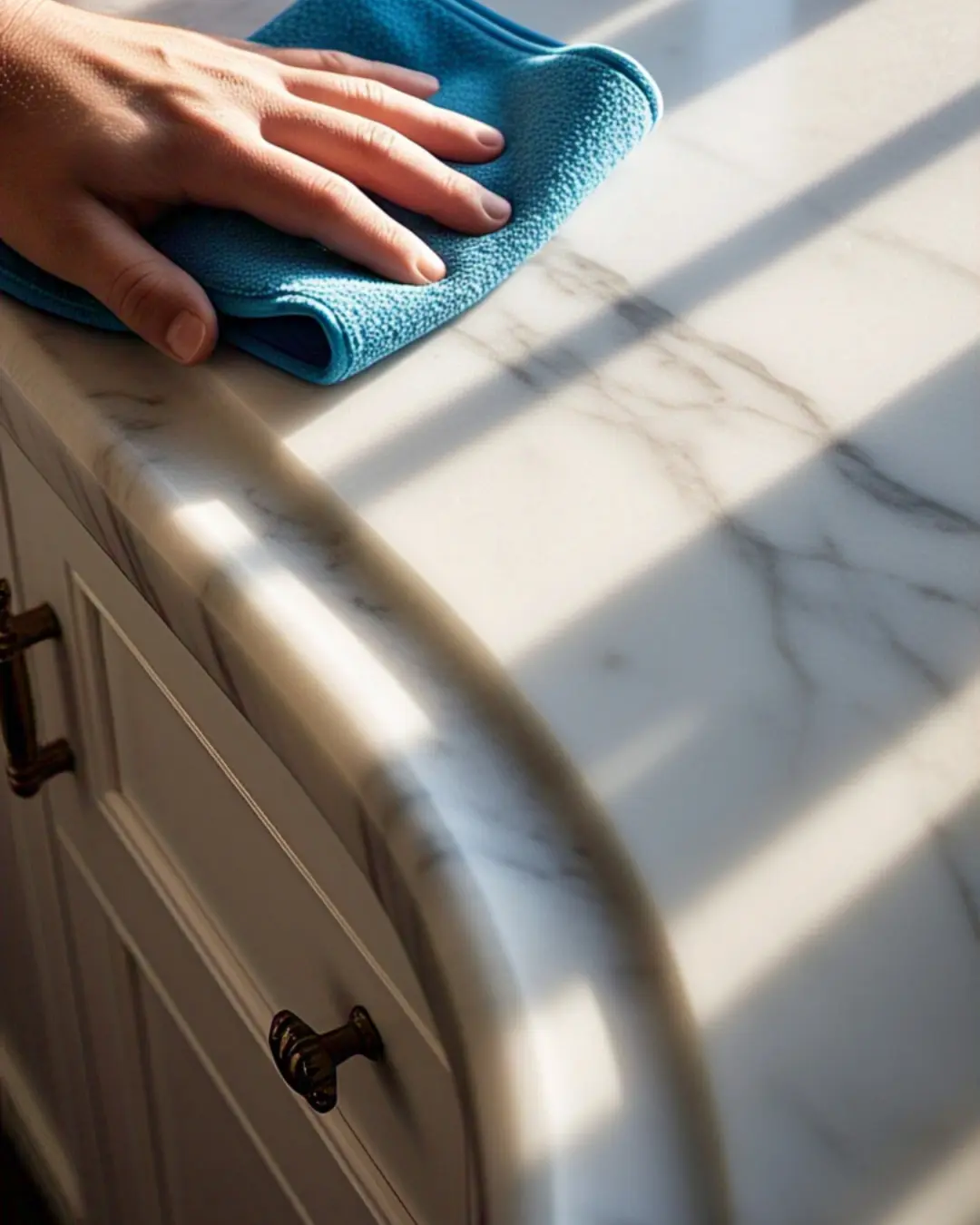Ogee Edge Countertops: The Curvy Detail That Steals the Show 9 Hand wiping a white marble ogee edge countertop with a blue microfiber cloth, following the S-curve. Sunlight highlights the clean, streak-free surface.