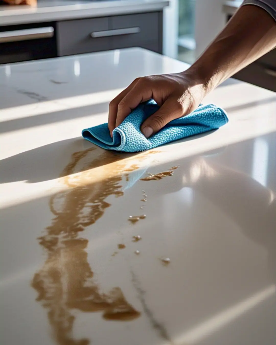 The Ultimate Guide to Countertop Materials: Find Your Perfect Match 17 Hand wiping a white quartz countertop with a blue microfiber cloth, sweeping away coffee drips and crumbs. Sunlight makes the surface gleam.