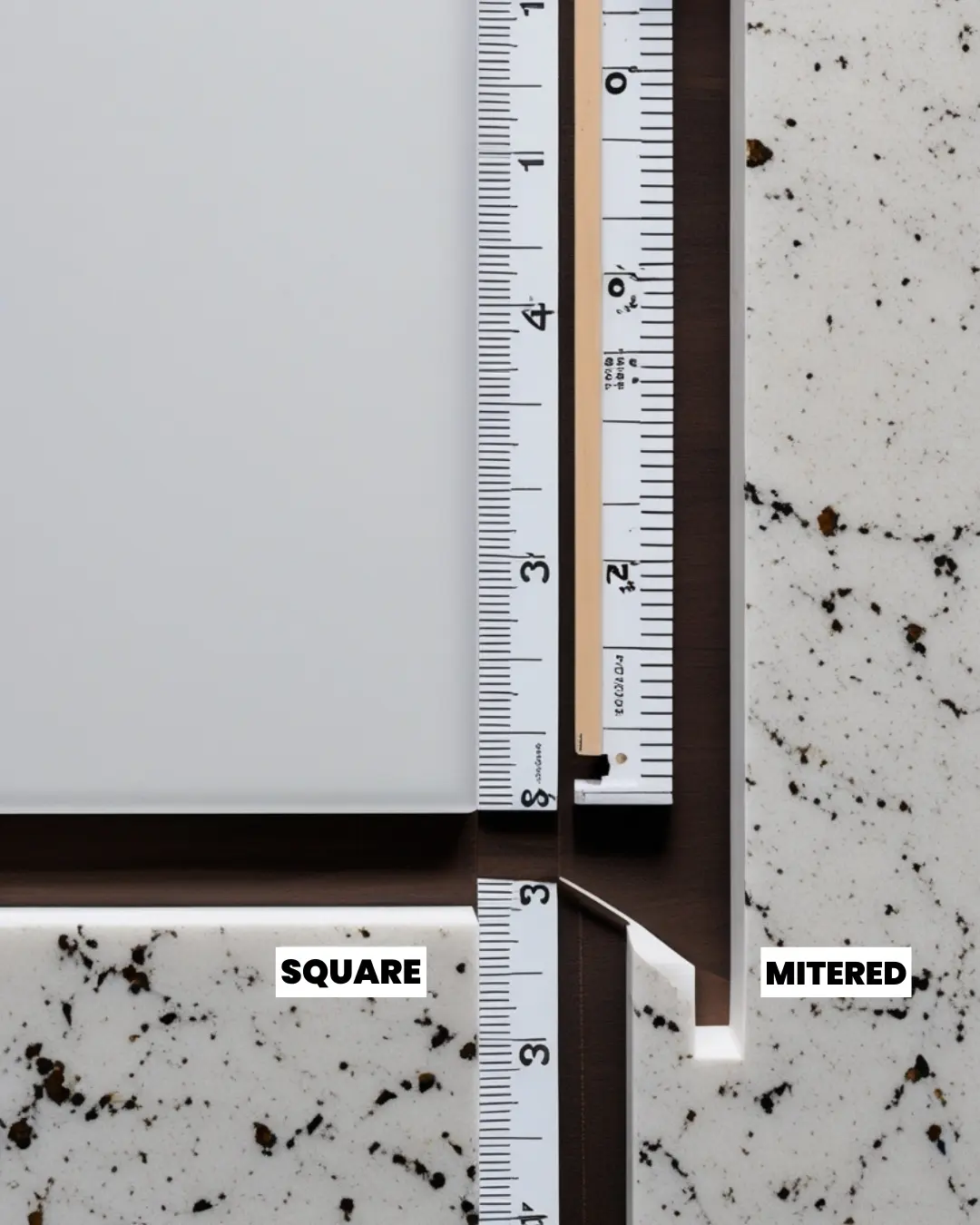 Left: White quartz with a standard square edge (sharp 90° corner), looking thin and utilitarian.

Right: Identical quartz with a mitered edge (seamless 45° joint), appearing twice as thick and luxurious.

Details:

Measuring tape showing 1.25" thickness (square) vs. 2.5" (mitered illusion)

Same lighting/shadow to highlight contrast

Minimalist backdrop with labels: 'Square' and 'Mitered' in sans-serif font
