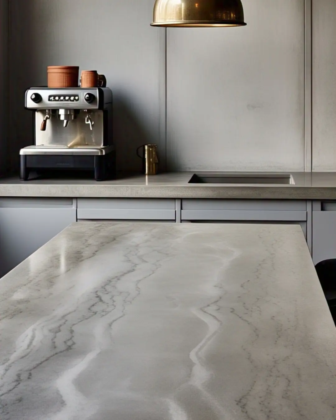 The Ultimate Guide to Countertop Materials: Find Your Perfect Match 10 A polished concrete countertop with subtle gray veining and exposed aggregate flecks, styled with a vintage espresso machine and a terra-cotta planter. The matte finish contrasts with brass pendant lights, giving off major NYC loft vibes.
