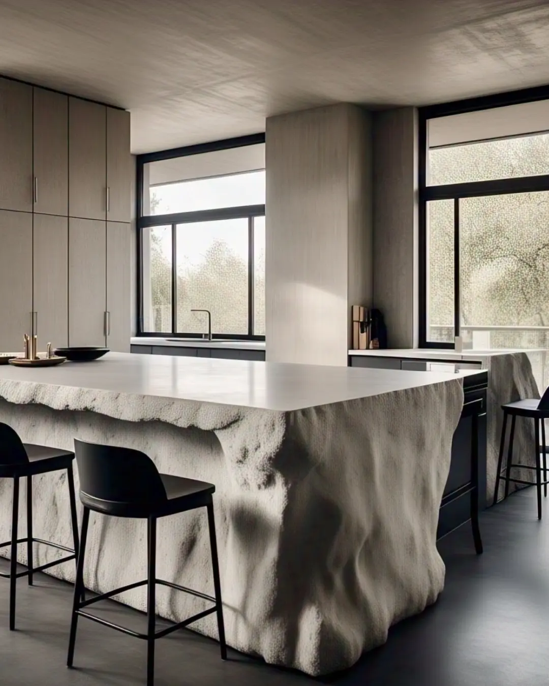 Waterfall Edge Countertop: What Is It and Why Is It So Cool? 5 Concrete waterfall island with a matte finish, paired with black steel stools.