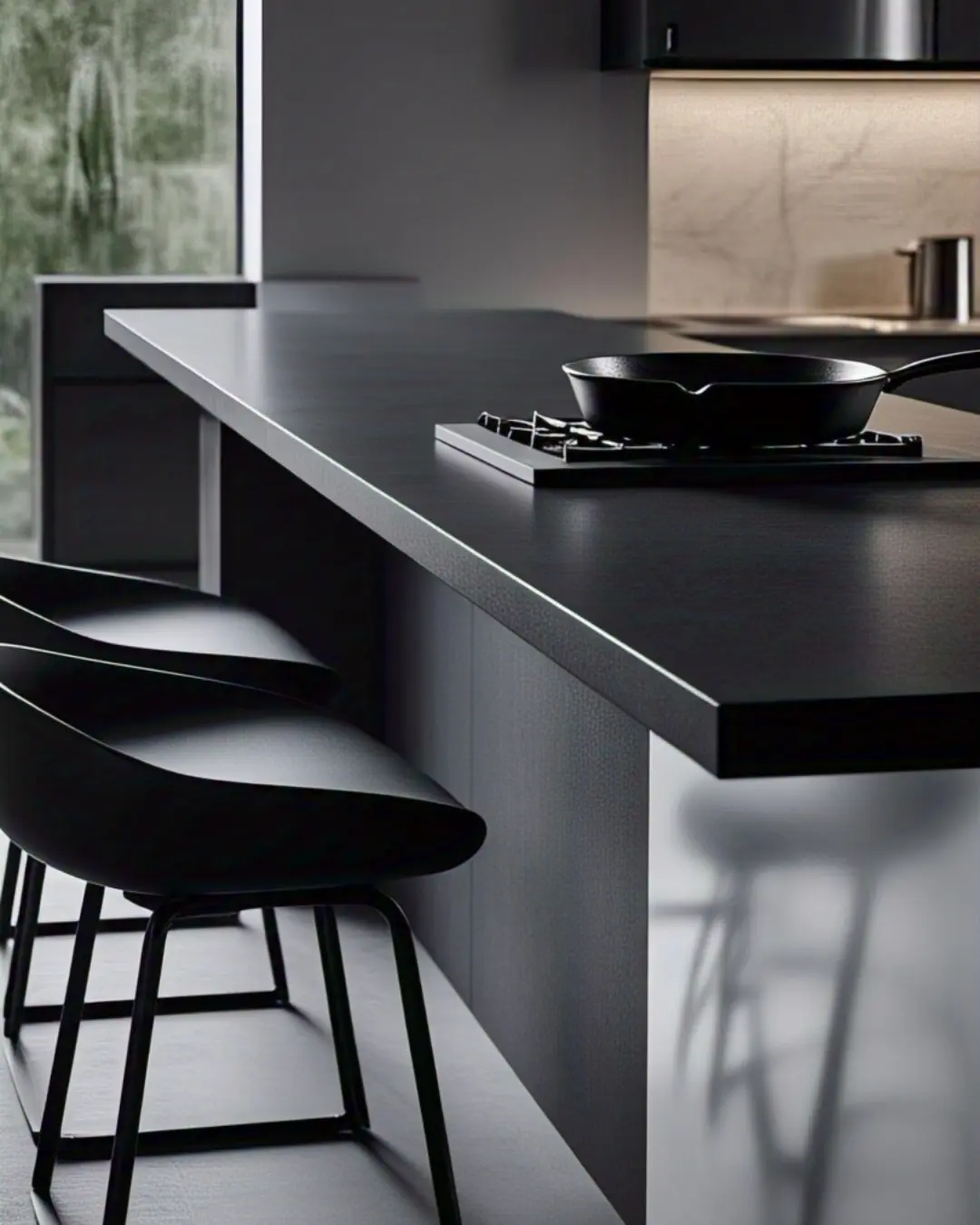 The Ultimate Guide to Countertop Materials: Find Your Perfect Match 9 A sleek charcoal Dekton countertop with a subtle matte finish, styled with a sizzling cast-iron skillet (no trivet needed!) and modern black bar stools. The ultra-thin profile (just 8mm!) gives it a futuristic edge.