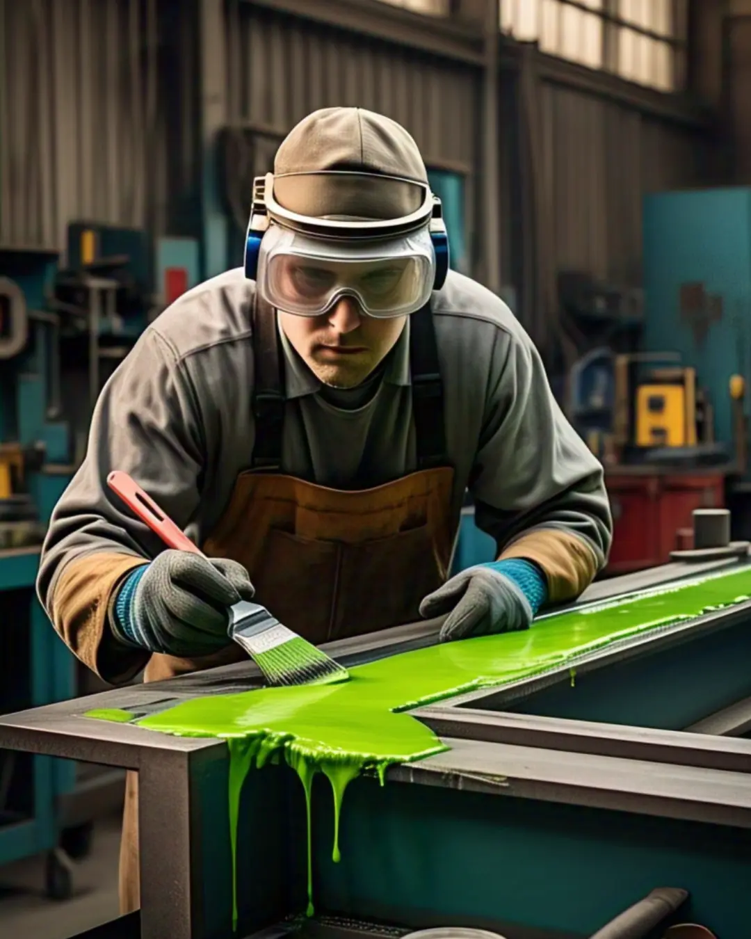 Fabricator applying neon-green epoxy to a mitered edge before clamping, with excess oozing out.