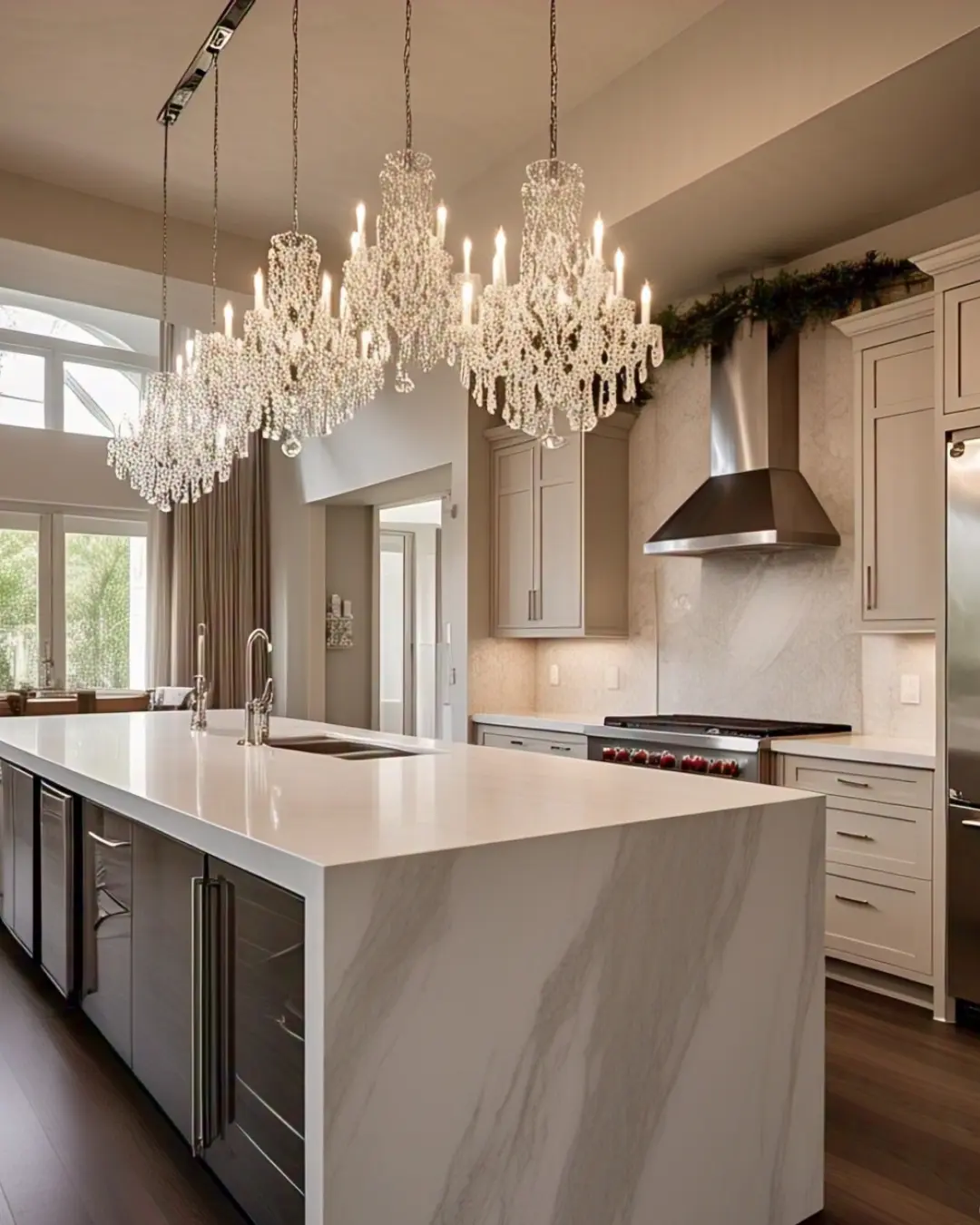 Waterfall Edge Countertop: What Is It and Why Is It So Cool? 3 waterfall edge countertop / A glamorous kitchen with white quartz waterfall island under crystal chandeliers!