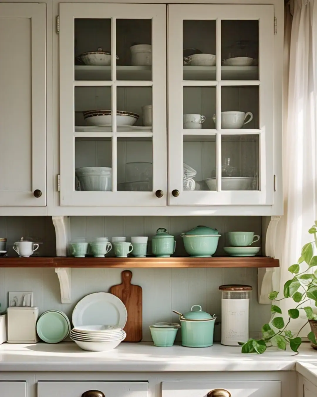 Types of Cabinet Doors and Styles: A Guide to Transforming Your Kitchen with Personality and Precision 5 A light-filled cottage kitchen with crisp white cabinetry and two upper glass-front doors, revealing neatly arranged white dishes and mint-green ceramic bowls. Morning sunlight streams through sheer curtains, casting soft reflections on the glass. Open wooden shelves flank the cabinets, holding a collection of vintage teacups and a trailing pathos plant. A bowl of lemons sits on the counter, because aesthetics.