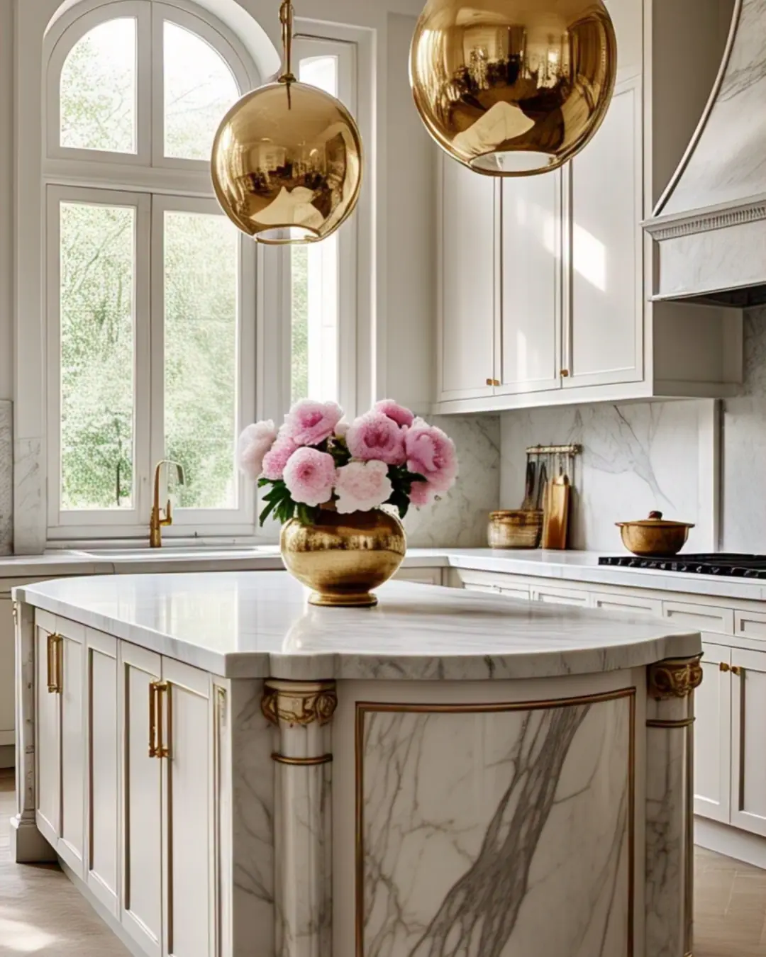Ogee Edge Countertops: The Curvy Detail That Steals the Show 3 Ogee edge countertop / A grand kitchen island with Calcutta gold marble ogee edges, bathed in natural light. Gold pendant lights reflect off the S-curves, while a vase of fresh peonies sits atop the counter. Classic white cabinets and herringbone floors complete the luxe-but-livable scene.