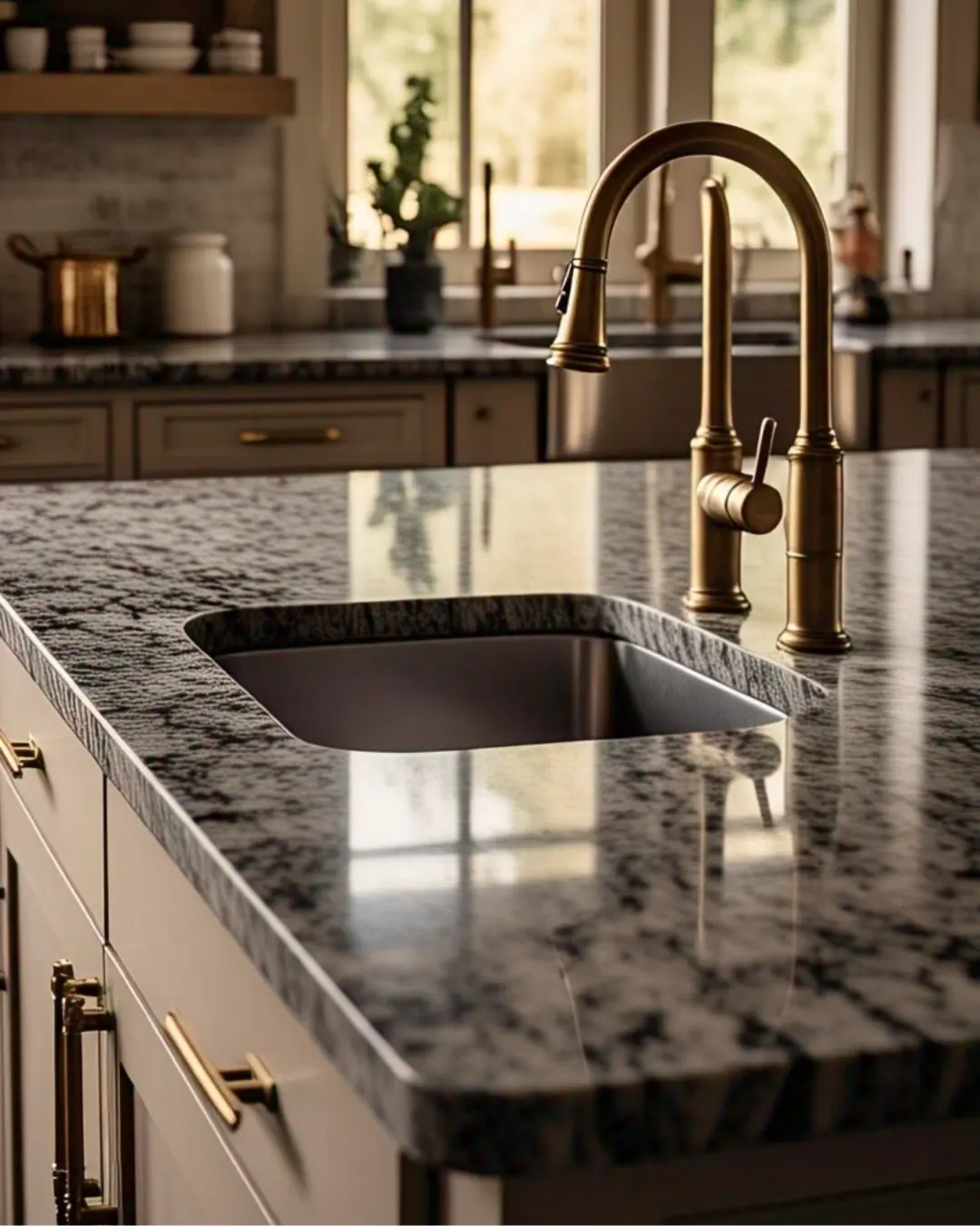 Speckled black granite with a demi-bullnose edge, paired with brass fixtures in a farmhouse kitchen.