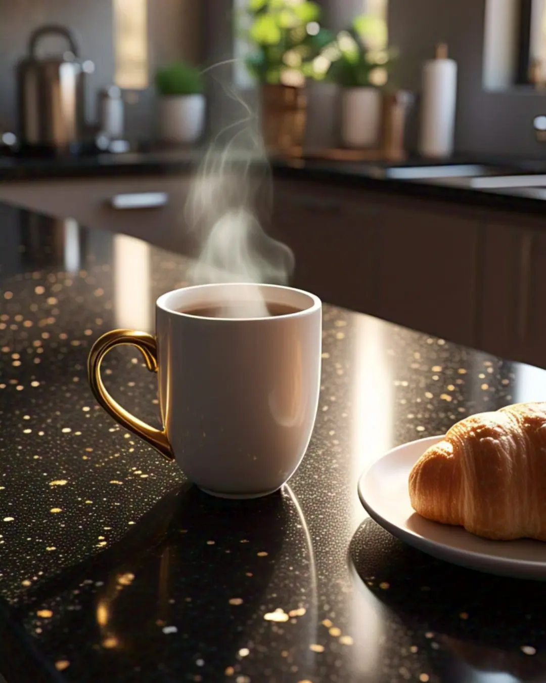 The Ultimate Guide to Countertop Materials: Find Your Perfect Match 2 Countertop Materials / A gleaming black granite countertop with gold and white flecks, styled with a steaming coffee mug and a fresh croissant. Sunlight bounces off the polished surface, making it look like a starry night sky you can chop veggies on.