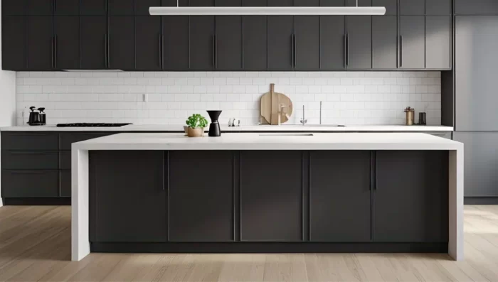 Modern minimalist kitchen with white quartz countertops featuring half-bullnose edges - softly rounded top with flat bottom - paired with matte black handleless cabinets and natural wood accents.