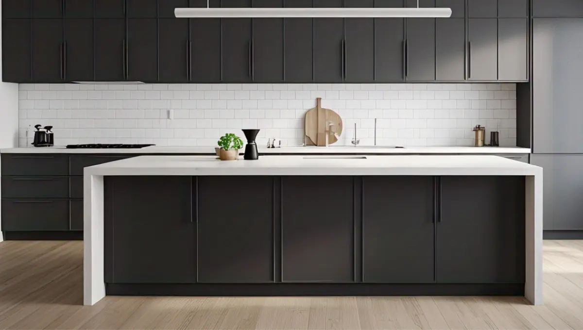 Modern minimalist kitchen with white quartz countertops featuring half-bullnose edges - softly rounded top with flat bottom - paired with matte black handleless cabinets and natural wood accents.
