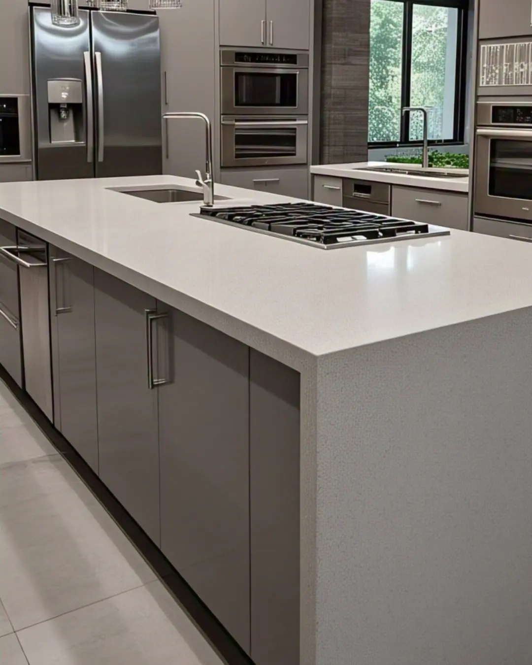 Gray quartz countertop with a half bullnose edge, paired with stainless steel appliances in a contemporary kitchen.