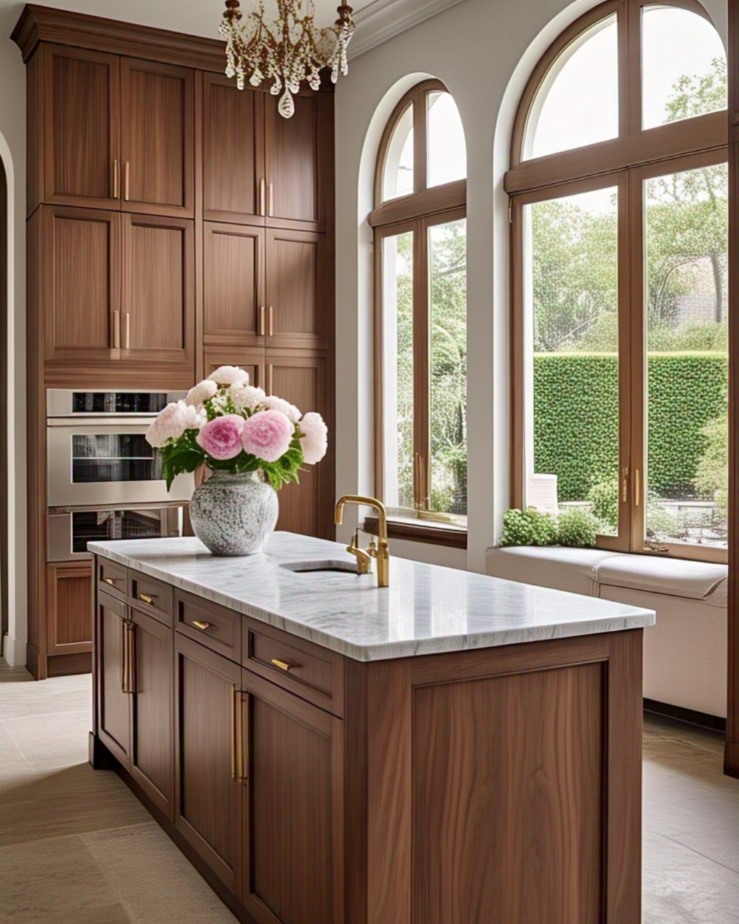 Types of Cabinet Doors and Styles: A Guide to Transforming Your Kitchen with Personality and Precision 8 A grand, light-filled kitchen with handcrafted inset cabinet doors in a rich, espresso-stained walnut. The flush-fit design creates a seamless wall of cabinetry, accentuated by minimalist brass pulls. A marble-topped island with a waterfall edge anchors the space, while a statement chandelier casts a warm glow over a vase of fresh peonies. Through the arched windows, a manicured garden view completes the magazine-worthy scene.