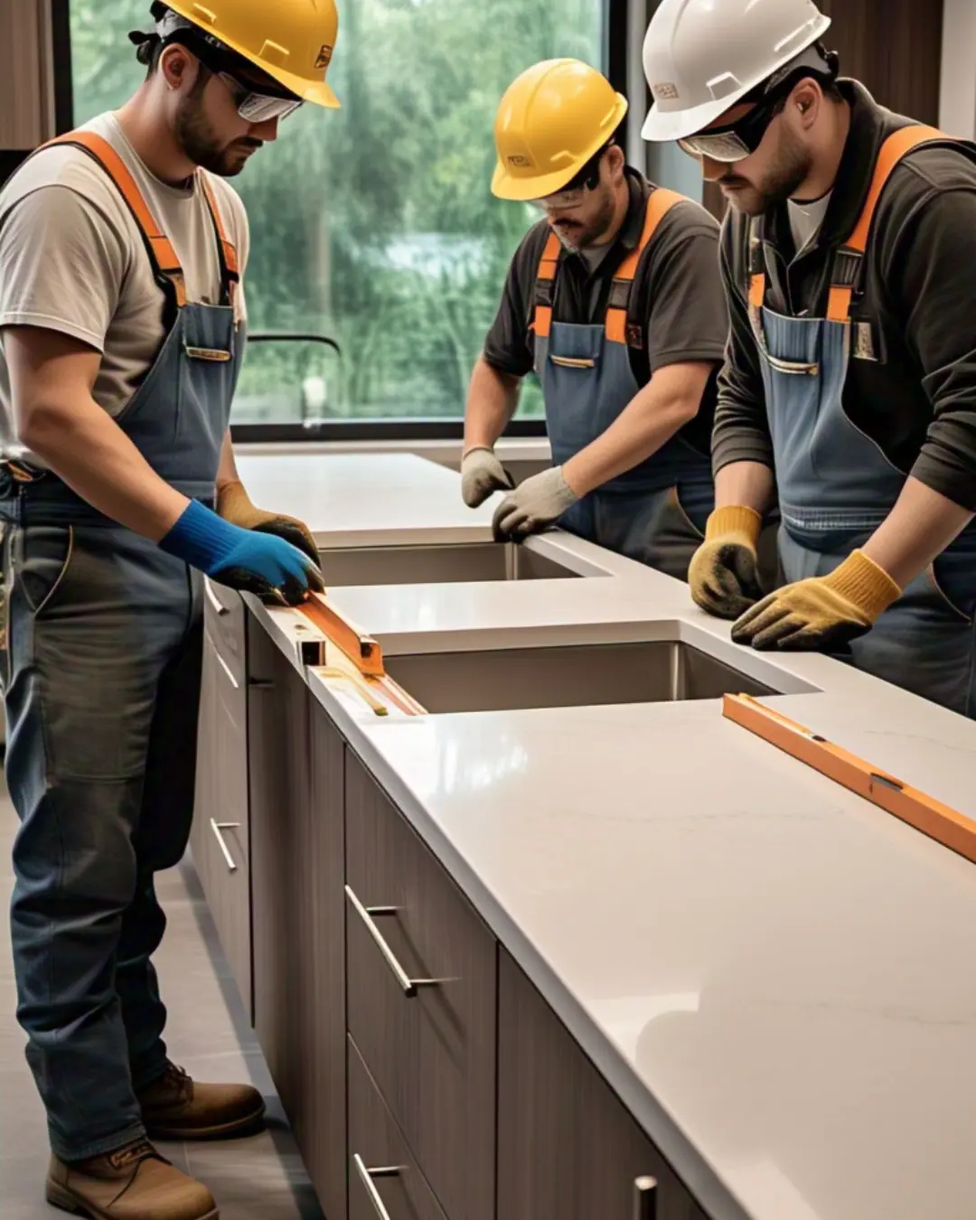 installers lowering a mitered-edge quartz countertop onto cabinets, with laser levels in use.