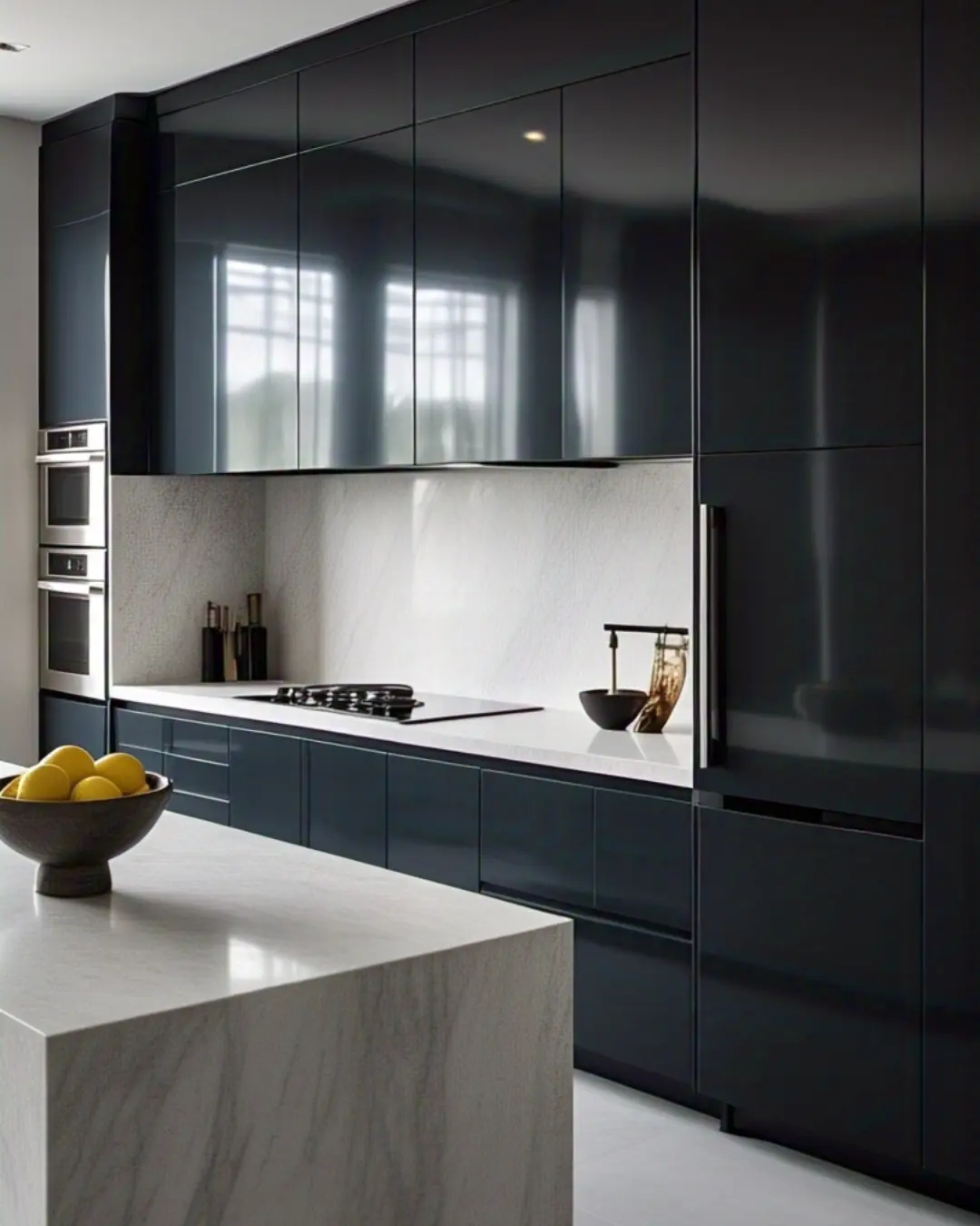 Types of Kitchen Cabinet Paint: Choosing the Best Finish for Your Style 5 A minimalist chef's kitchen with jet-black lacquered cabinets so reflective they double as mirrors. The seamless, handleless design glows under recessed lighting, while a waterfall-edge quartz island anchors the space. A single artisan ceramic bowl holds lemons—because anything more would ruin the ~aesthetic~.