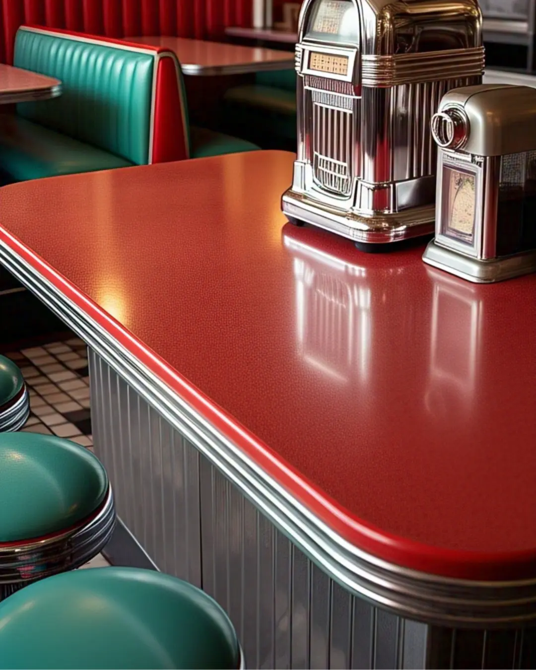 Retro red laminate countertop with a full bullnose edge, paired with vintage appliances in a 1950s-style diner.