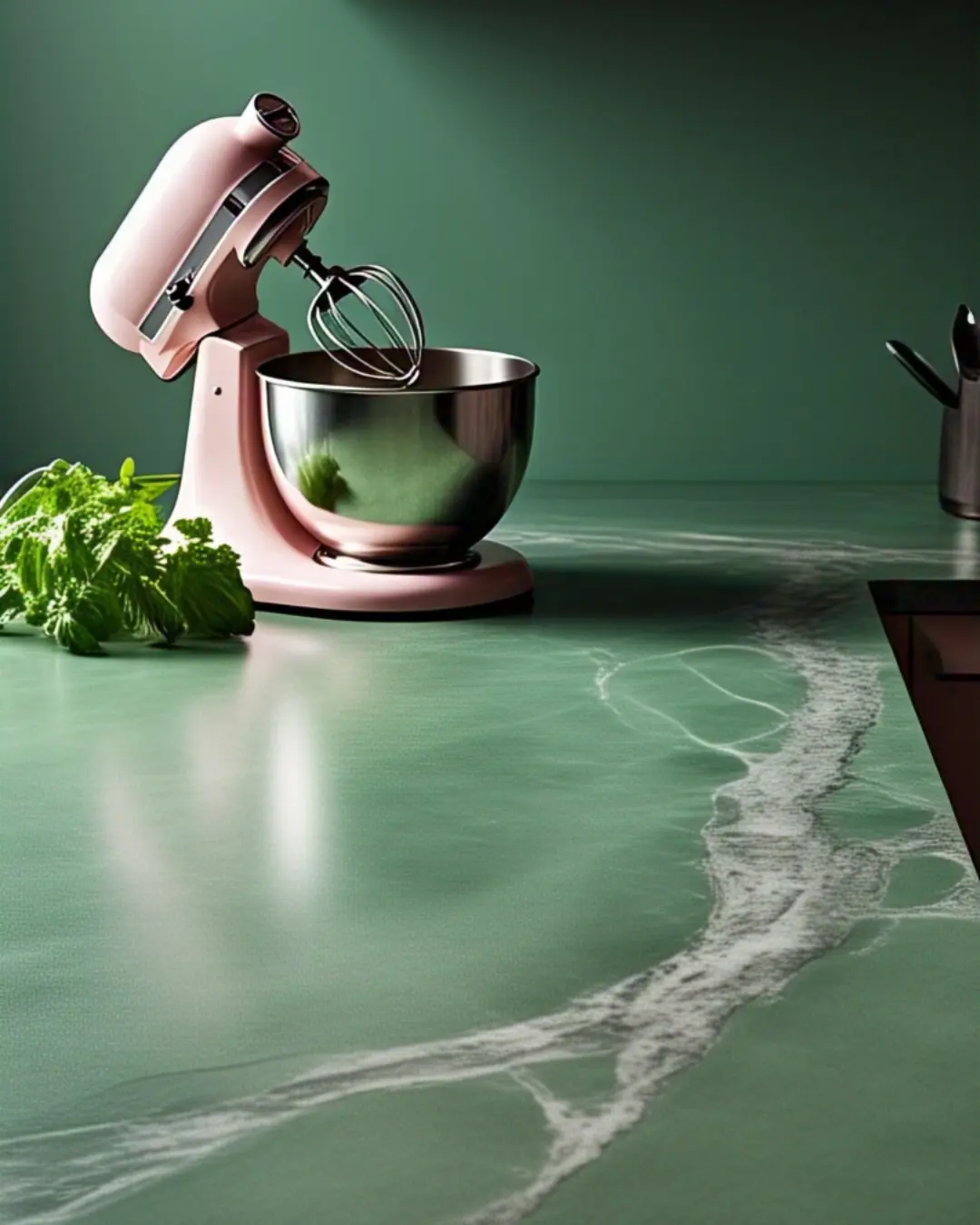 The Ultimate Guide to Countertop Materials: Find Your Perfect Match 12 A trendy matte-white laminate countertop with subtle gray veining, styled with a retro pink stand mixer and a vase of fresh herbs. The realistic stone-look finish gleams under pendant lighting—no one would guess it’s not real marble!