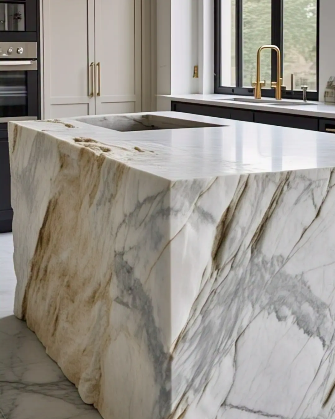 Carrara marble mitered-edge waterfall island, with sweeping gray veins that flow seamlessly across the 45° joint. Paired with brass fixtures and a vintage marble pastry slab (to hint at functionality). Soft morning light highlights the honed finish.
