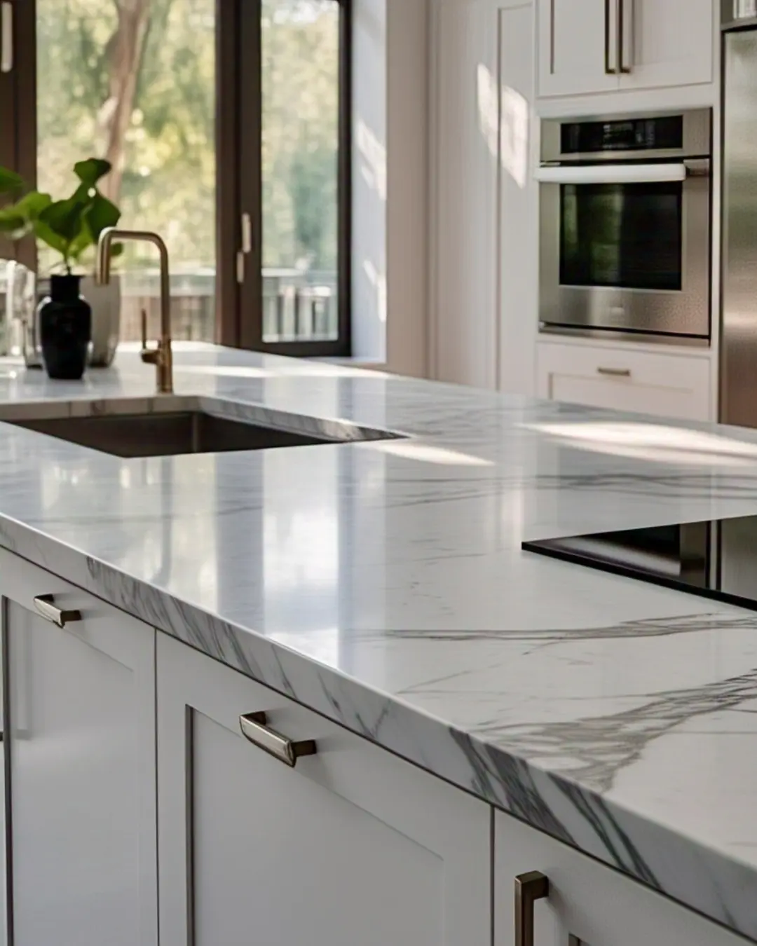 The Ultimate Guide to Countertop Materials: Find Your Perfect Match 3 A Carrara marble countertop with soft gray veins, topped with a flour-dusted rolling pin, fresh pastries, and a vintage copper bowl. Morning light highlights its elegant imperfections.