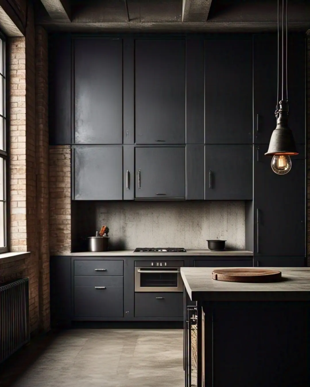Types of Cabinet Doors and Styles: A Guide to Transforming Your Kitchen with Personality and Precision 9 A moody, industrial loft kitchen with floor-to-ceiling matte black metal cabinet doors, their seamless panels reflecting the glow of pendant lights. Exposed brick walls and a concrete countertop add raw texture, while a sleek stainless steel range hints at professional-grade cooking. A single vintage wooden cutting board on the island softens the space, proving even the edgiest kitchens need warmth.