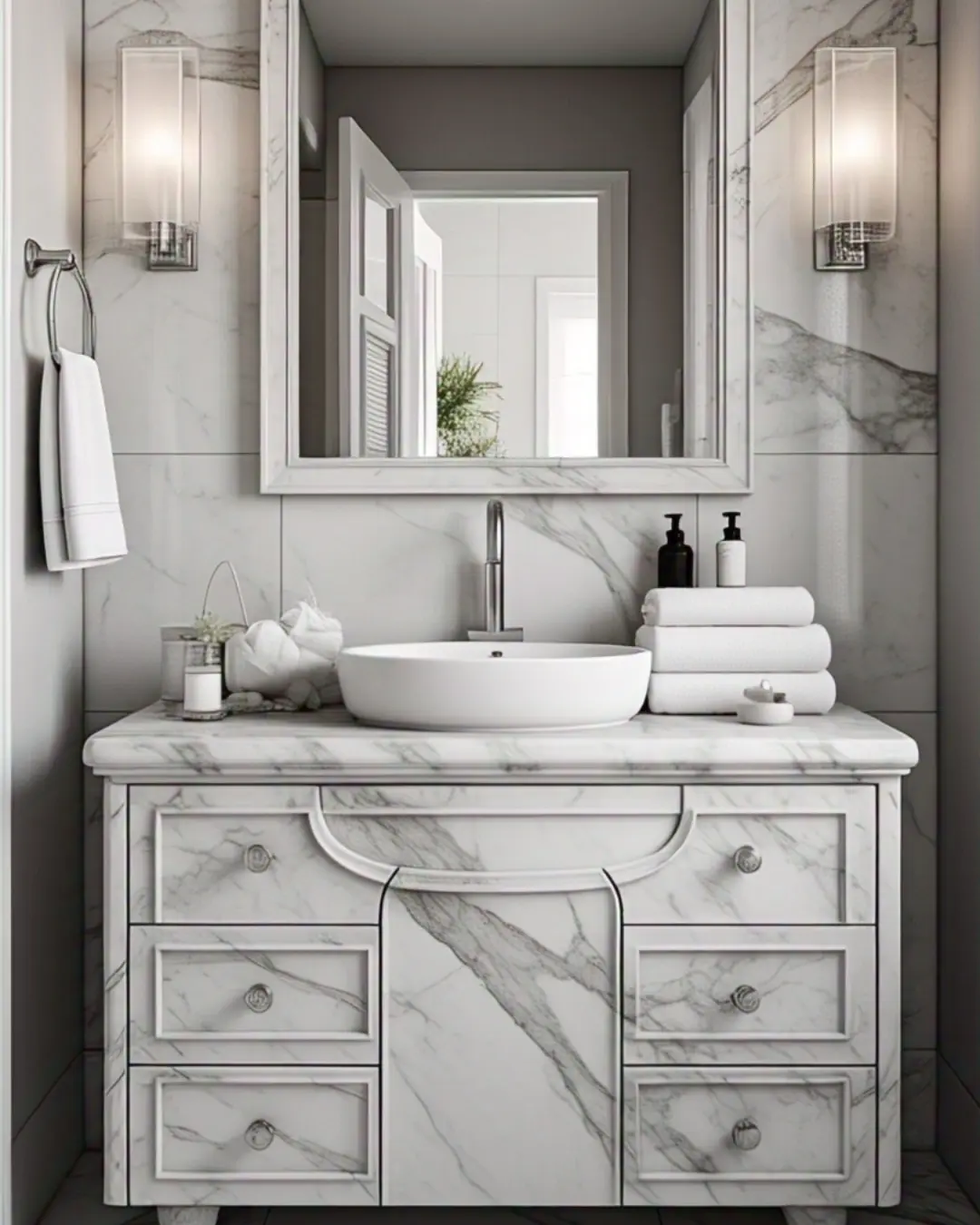 Ogee Edge Countertops: The Curvy Detail That Steals the Show 5 Carrara marble vanity with ogee edges in a spa-like bathroom, showing off dramatic gray veining through the S-curves. Fluffy white towels and a candle complete the luxe look.