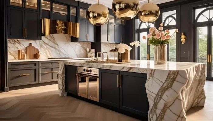 Luxury kitchen with Calacatta Gold marble ogee edge countertops, matte black cabinets, and brass lighting. The S-curved edges gleam under pendant lights, showcasing ornate craftsmanship.