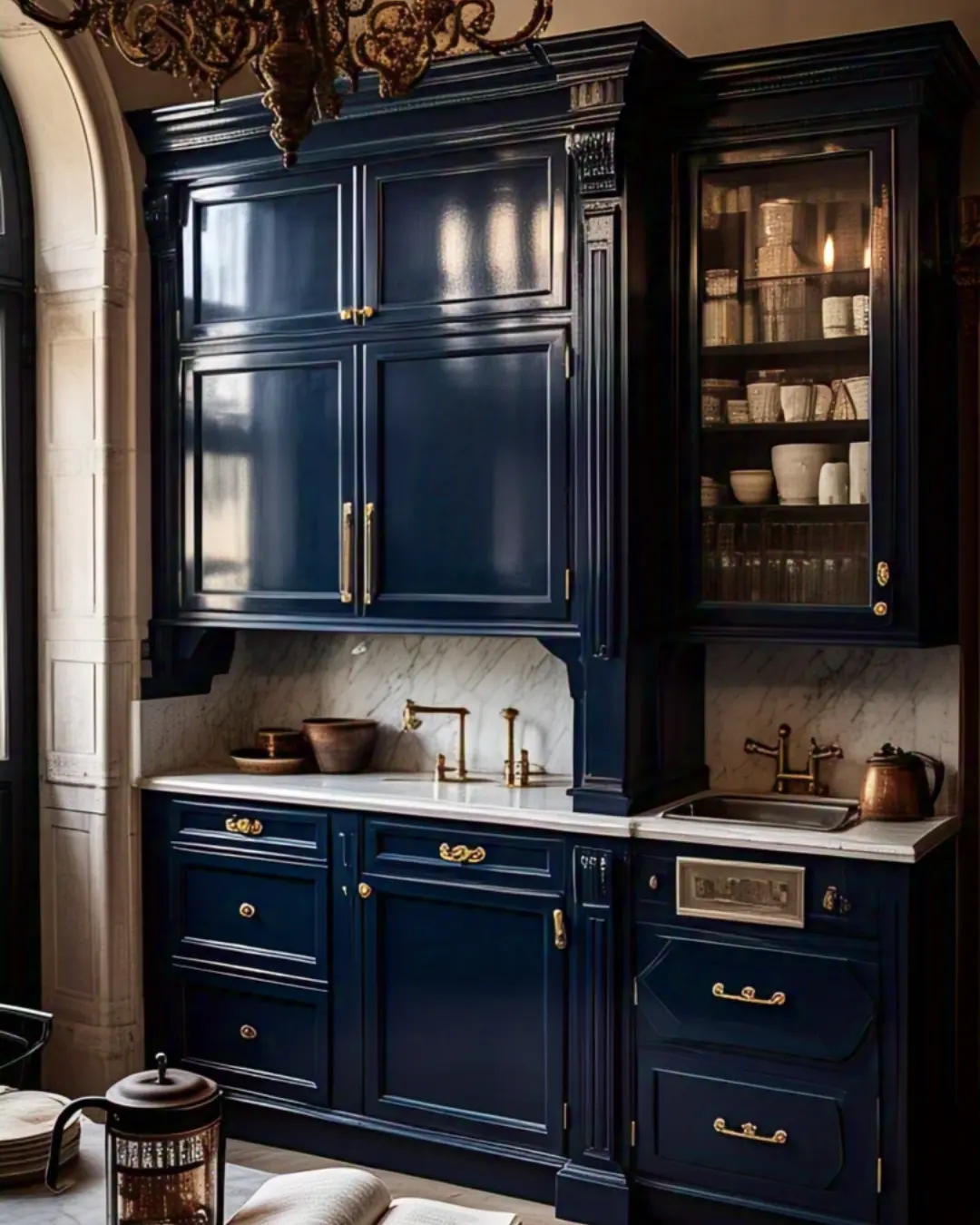 Types of Kitchen Cabinet Paint: Choosing the Best Finish for Your Style 4 A grand, old-world kitchen with deep navy oil-painted cabinets, their glossy finish reflecting candlelight like a Venetian palace. Brass hardware gleams against the rich color, while a marble countertop holds a perfectly messy stack of cookbooks. A vintage French press sits nearby, because these cabinets deserve a coffee break after outlasting three presidents.