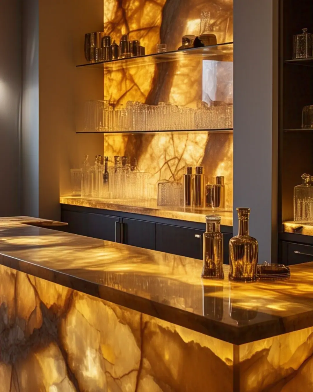 The Ultimate Guide to Countertop Materials: Find Your Perfect Match 15 A golden onyx countertop lit from below, casting an amber glow across a modern wet bar. The light reveals swirling natural veins, while crystal decanters and gold bar tools complete the luxe vibe.