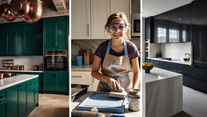 A collage of kitchen cabinet paint styles showing dark green, glossy black, and DIY cabinet painting with a smiling girl using a roller brush in a modern kitchen.