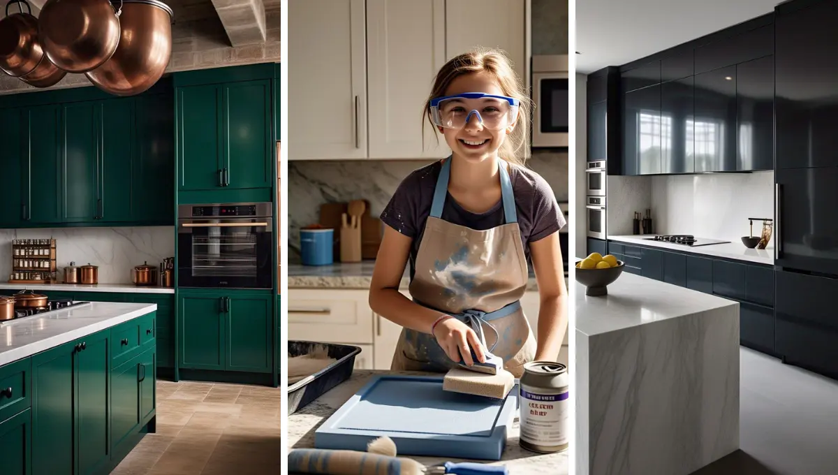A collage of kitchen cabinet paint styles showing dark green, glossy black, and DIY cabinet painting with a smiling girl using a roller brush in a modern kitchen.