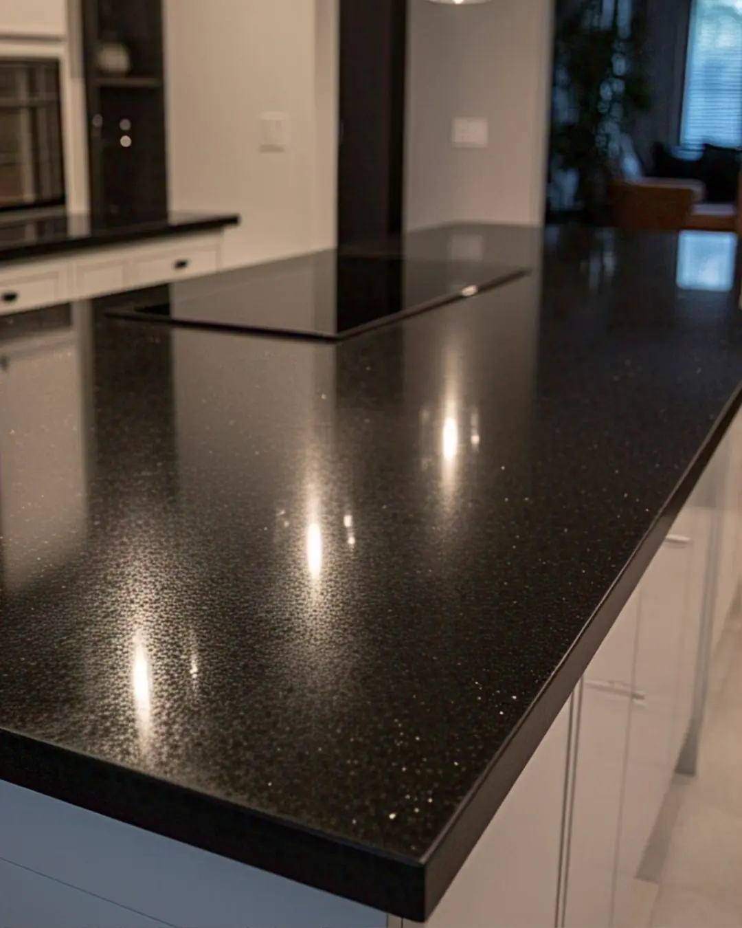 Beveled Edge Countertop: A Simple Guide for Every Homeowner 10 Polished black granite countertop with a standard bevel edge, showcasing natural sparkles under pendant lighting.