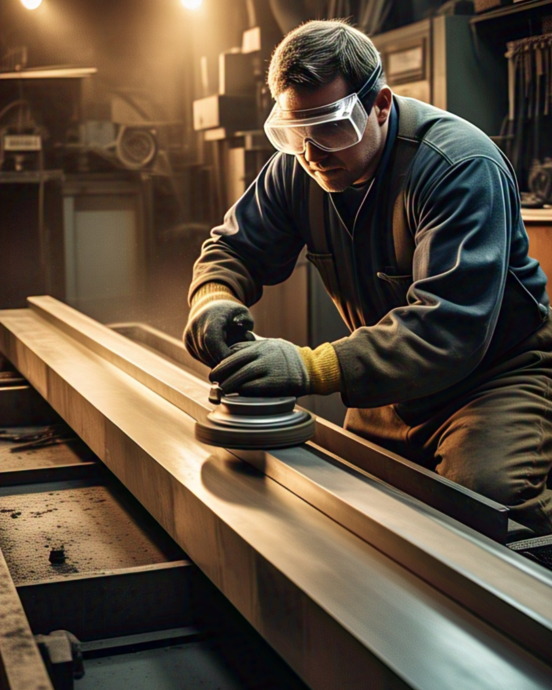 Fabricator hand-polishing a mitered edge with a buffing wheel, creating a mirror shine.