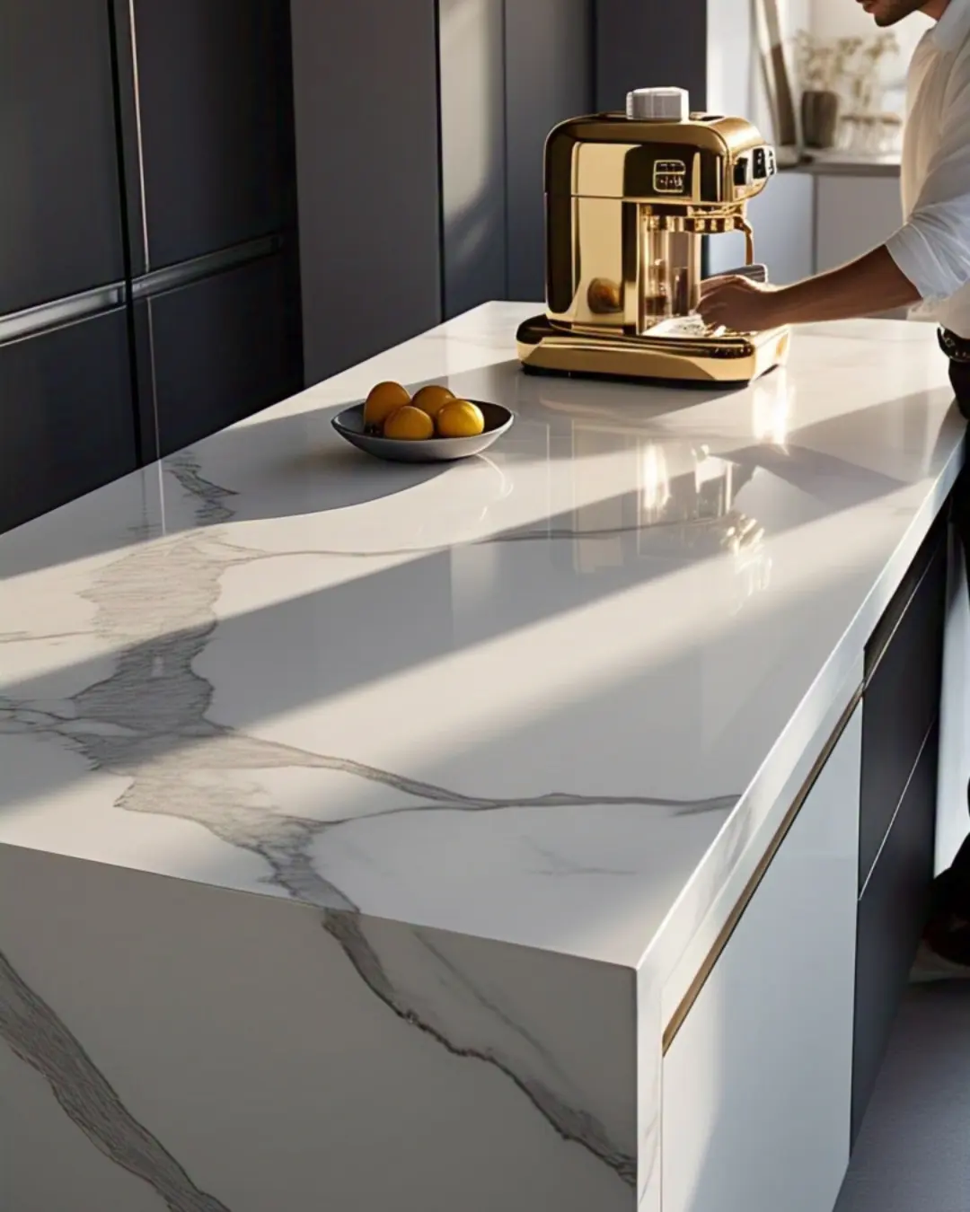 The Ultimate Guide to Countertop Materials: Find Your Perfect Match 8 A glossy white porcelain countertop with realistic gray marble veining, styled with a gold espresso machine and a minimalist fruit bowl. Sunlight highlights its razor-thin profile (just ½” thick!) against matte black cabinets.
