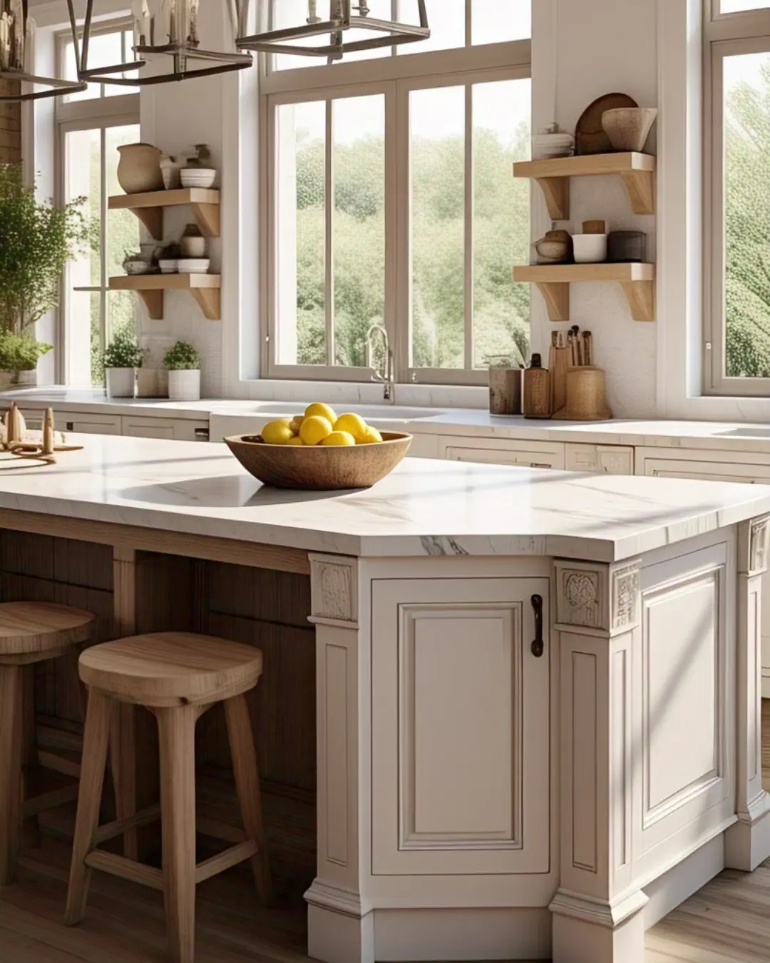 Ogee Edge Countertops: The Curvy Detail That Steals the Show 6 White quartz kitchen island with ogee edges in a modern farmhouse kitchen. A wooden bowl of lemons sits atop, contrasting the crisp curves.