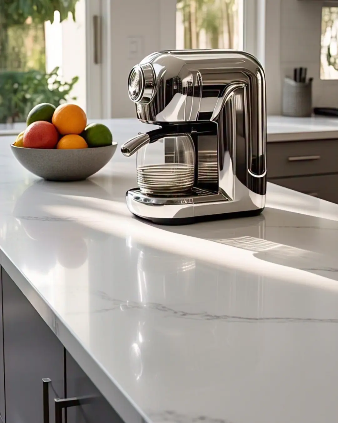 The Ultimate Guide to Countertop Materials: Find Your Perfect Match 4 A sleek white quartz countertop with subtle gray veining, styled with a stainless steel coffee machine and a bowl of fresh citrus. The polished surface reflects sunlight, making the whole kitchen glow.