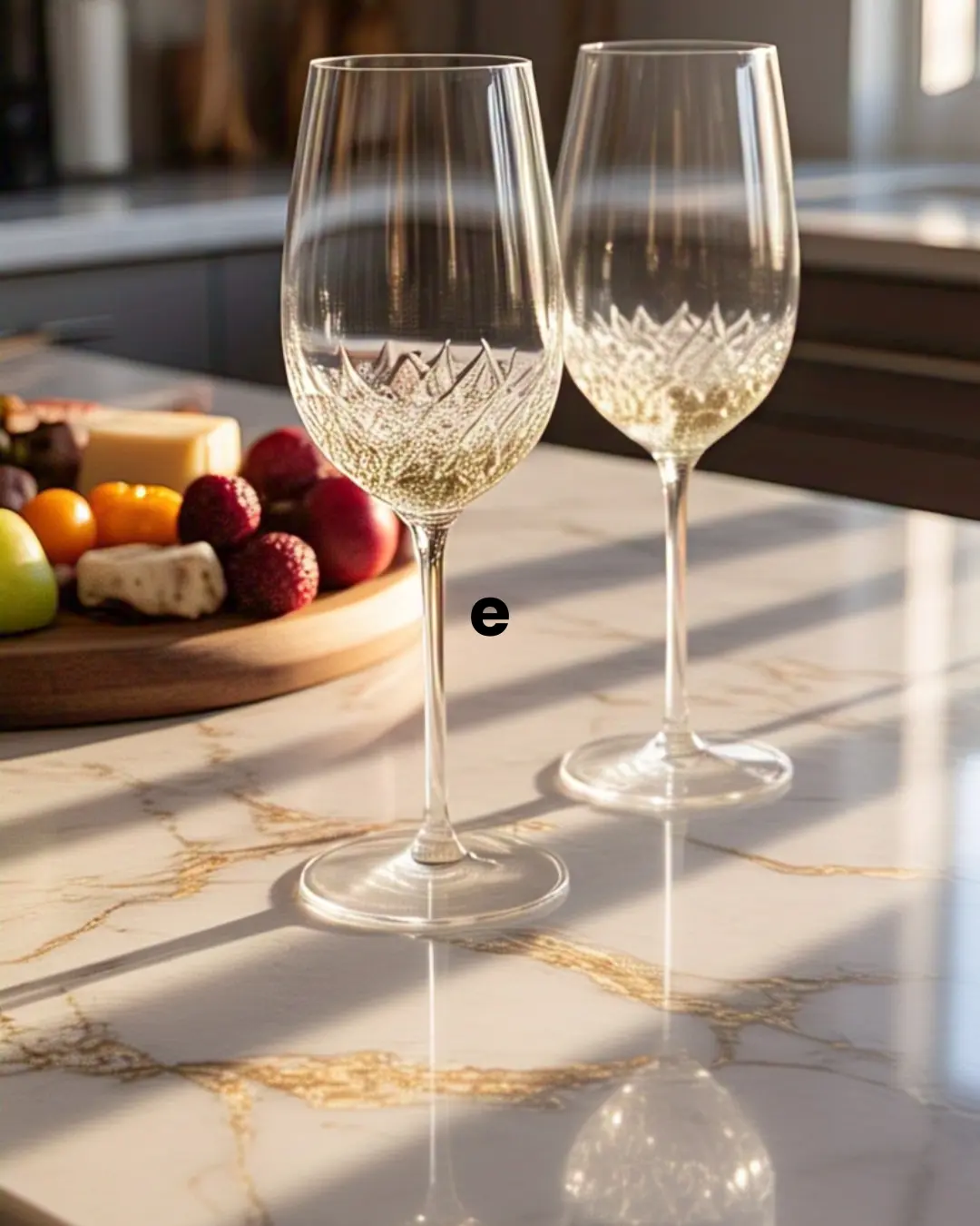 The Ultimate Guide to Countertop Materials: Find Your Perfect Match 5 A gleaming white quartzite countertop with soft gray and gold veining, styled with a wooden charcuterie board and wine glasses. Morning light makes the crystalline sparkles pop like tiny diamonds.