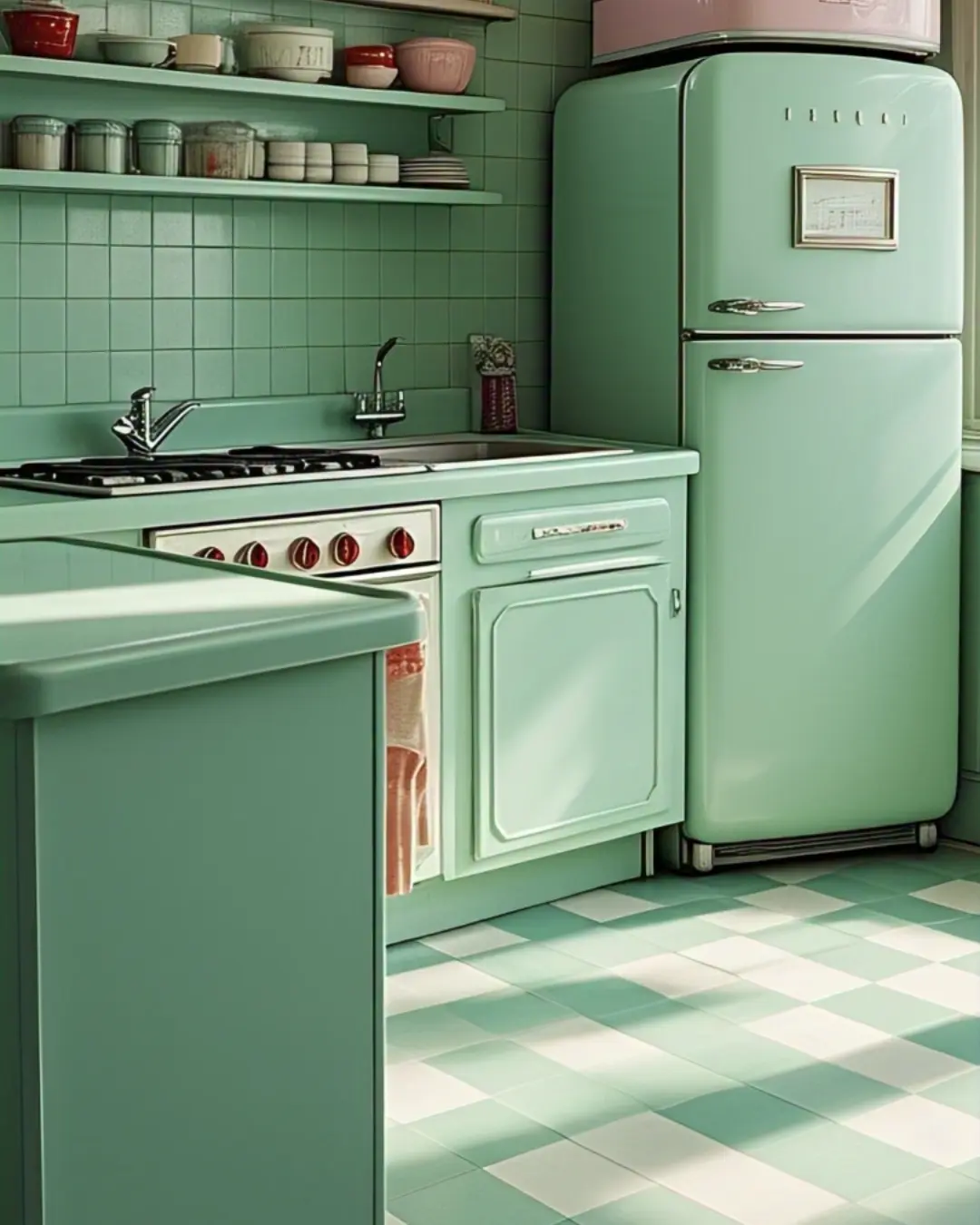 Ogee Edge Countertops: The Curvy Detail That Steals the Show 8 Retro kitchen with mint green laminate ogee counters, vintage appliances, and a checkered floor—fun on a budget!