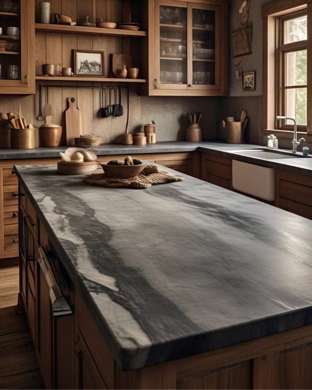 Charcoal-gray soapstone countertop with a full bullnose edge, showing off its natural veining in a cozy cottage kitchen.