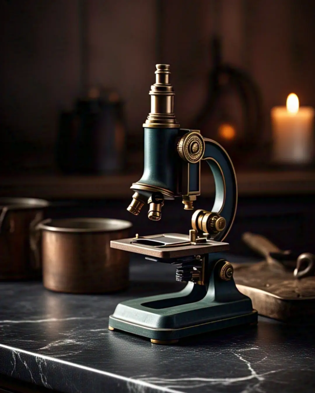 The Ultimate Guide to Countertop Materials: Find Your Perfect Match 6 A matte black soapstone countertop with subtle white veins, styled with a vintage microscope, copper pots, and a flickering candle. The soft, worn edges glow in warm light, showing off its natural ‘lived-in’ charm.