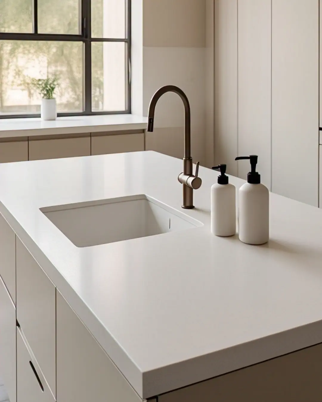 Eased Edge Countertop – Everything You Need to Know 6 Eased Edge Countertop / Matte white solid surface countertop with eased edges and an integrated sink, styled with minimalist soap dispensers.