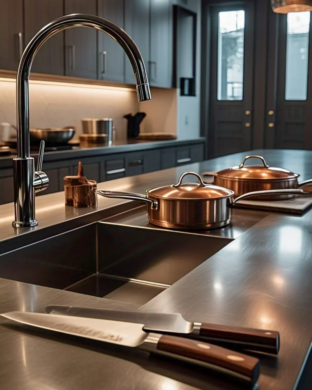 The Ultimate Guide to Countertop Materials: Find Your Perfect Match 11 A gleaming stainless steel countertop with a built-in sink, styled with a professional chef’s knife set and copper cookware. Overhead pendant lights reflect off the brushed metal surface, creating a high-end culinary workspace."