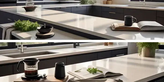 Modern white straight edge quartz countertop with clean 90° angles in a minimalist kitchen, featuring matte black cabinets and natural wood accents.