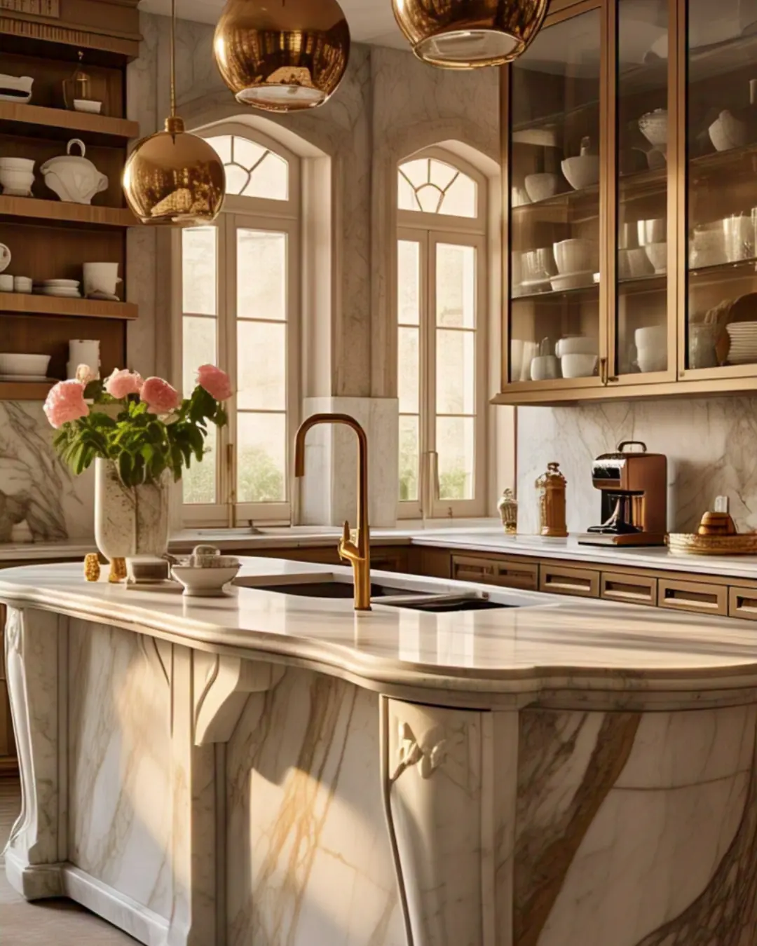 Ogee Edge Countertops: The Curvy Detail That Steals the Show 4 ogee edge countertop / A sunlit, grand kitchen featuring exquisite Calacatta Gold marble countertops with dramatic ogee edges. The S-curves catch golden hour light, creating soft shadows that highlight the profile's intricate waves. Style elements include:
A sprawling waterfall island with mirrored ogee edges
Brass pendant lights reflecting off the marble's veining
Open shelving displaying heirloom china and fresh peonies
A vintage copper espresso maker sitting atop the counter
Photography style: Architectural Digest-worthy, hyper-realistic with shallow depth of field focusing on the edge details. Warm tones with contrasting cool marble veins. Mood: Opulent yet inviting - the type of kitchen that makes guests say 'wow' but still feels livable.