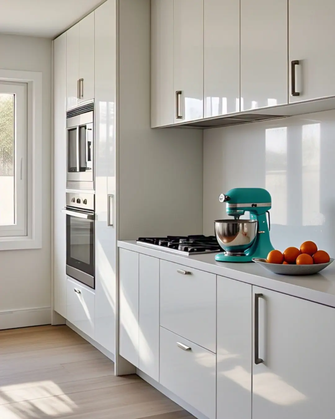 Types of Cabinet Doors and Styles: A Guide to Transforming Your Kitchen with Personality and Precision 10 A bright, contemporary kitchen with crisp white thermofoil cabinet doors, their seamless high-gloss finish reflecting sunlight from a nearby window. Sleek stainless steel appliances and a minimalist handleless design create a streamlined look, while a pop of color from a turquoise stand mixer adds playful contrast. A bowl of fresh oranges on the counter ties the whole look together.
